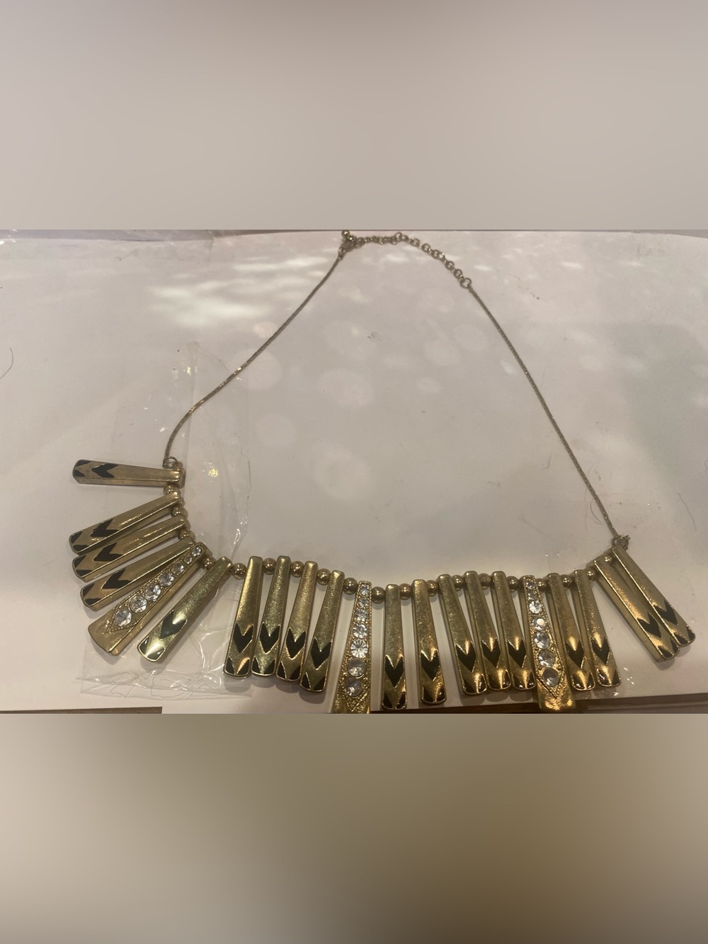 Vintage Goldtone Black Enamel Rhinestone Fringe Bib Maximalist Necklace